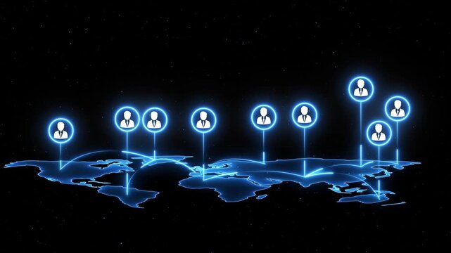 Global business network connection with digital user avatars and data flow