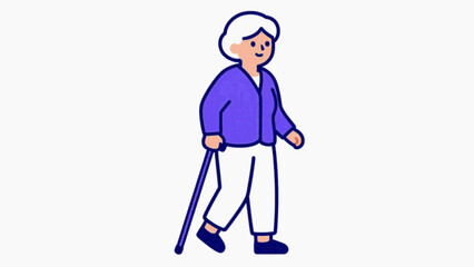 Fototapeta premium Senior elderly woman with white hair walking with cane wearing purple jacket and white pants flat cartoon vector illustration isolated on white background