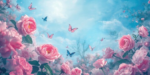 Naklejka premium Magical fantasy landscape featuring vibrant pink rose blossoms and flying butterflies with a shining moonbeam on a soft blue background