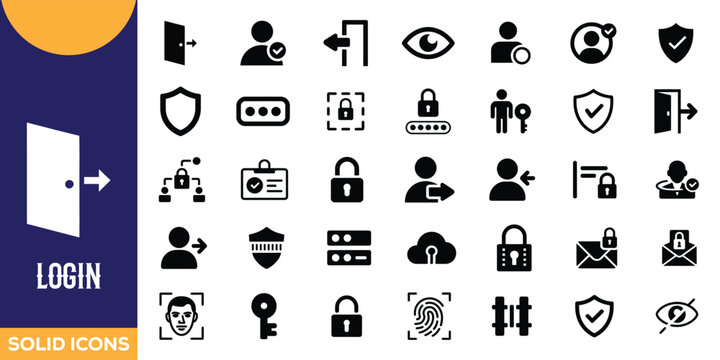 Login security and authentication icon set. User access, password, fingerprint, lock, verification, privacy, data protection symbols. Solid vector illustrations