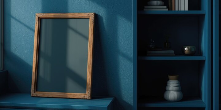 Wooden picture frame leaning on blue shelving unit featuring blank vertical banner mockup