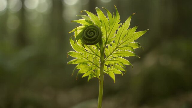 Young fern green leaf spiral frond forest plant soft light macro closeup fresh foliage delicate pattern curl unfurl peaceful woodland nature background organic growth spring morning tranquil