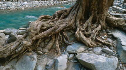 Fototapeta premium A close-up showcases a tree's intricate root system exposed, intertwining over rocks by a flowing turquoise river