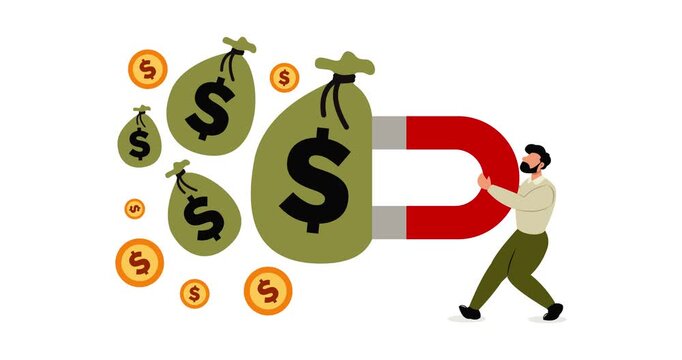 Animated vector illustration of a man holding a magnet to attract dollar bills. Depicts a successful businessman collecting money from his businesses and investments.