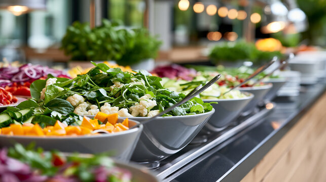 Bright hotel open buffet displaying soft fresh vegetables at a calm salad bar in gentle daylight, modern facility and hospitality concept, defocused, with copy space