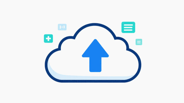 Cloud computing upload concept with blue arrow and teal icons for data storage flat cartoon vector illustration isolated on white background
