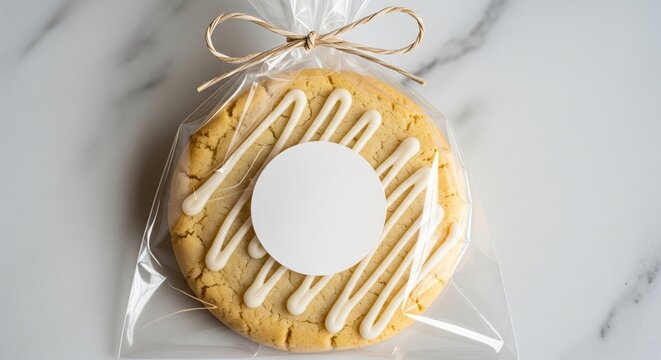 Delicious iced sugar cookie in clear plastic packaging tied with raffia bow on marble surface