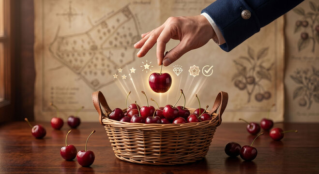 Cherry picker concept, hand selecting the best item with business performance icons