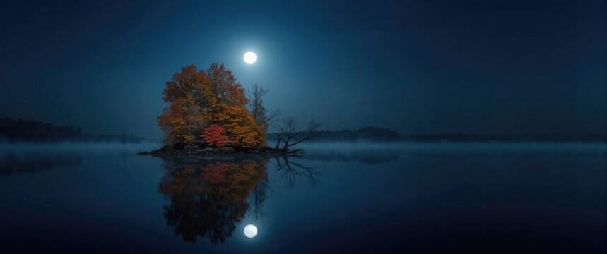 Still lake surface reflecting a tiny wooded island with fall leaves and a full moon overhead