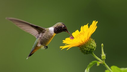Fototapeta premium Hummingbird Anthracothorax nigricollis feeding close to bright yellow blossom