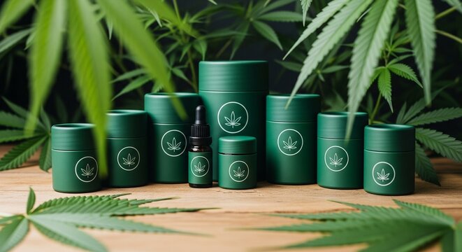Green cannabis oil dropper bottles and jars with leaf logo on wooden table studio lighting