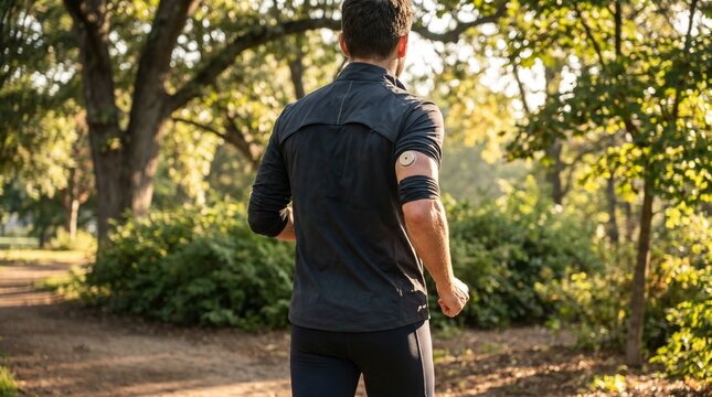 Active man jogging outdoors in the morning wearing a CGM sensor, hypoglycemia