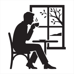 Fototapeta premium Man drinking tea by window vector silhouette clip art abstract logo concept illustration 