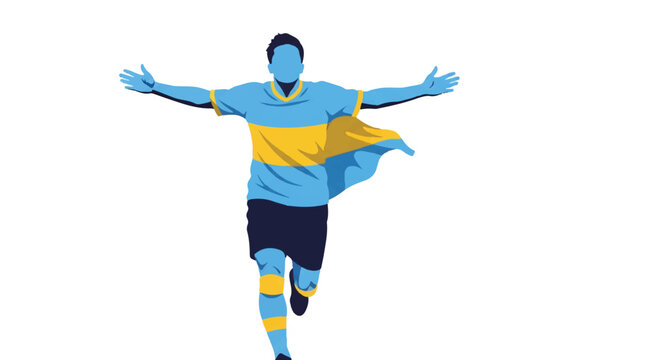 A soccer player running with arms outstretched in a victory lap, jersey fluttering, energetic motion, minimalist sky blue and gold color palette, bold solid shapes, crisp white background,