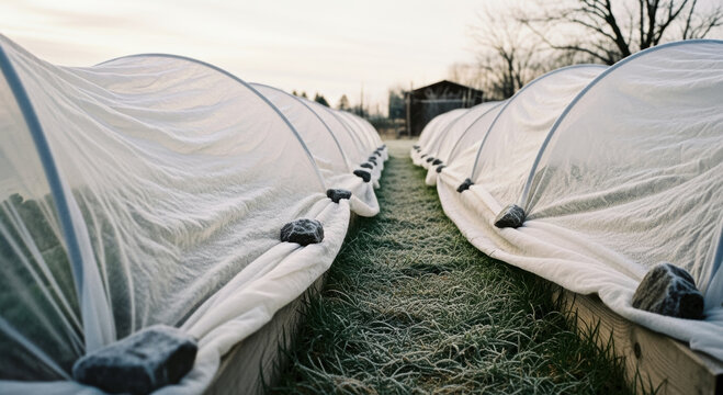 Row of garden tunnels covered in white protective fabric shields young vegetable crops from frost damage.