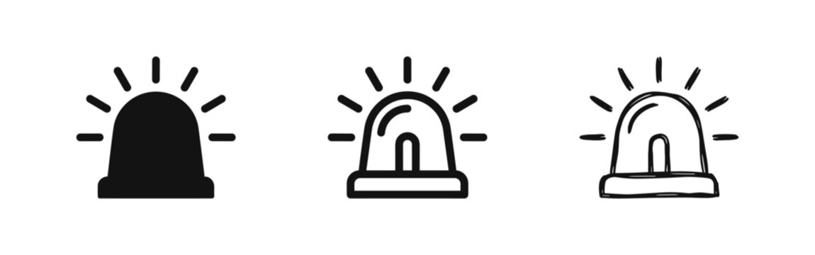Emergency siren light icons set. Vector illustration of police or ambulance flasher in three different styles.