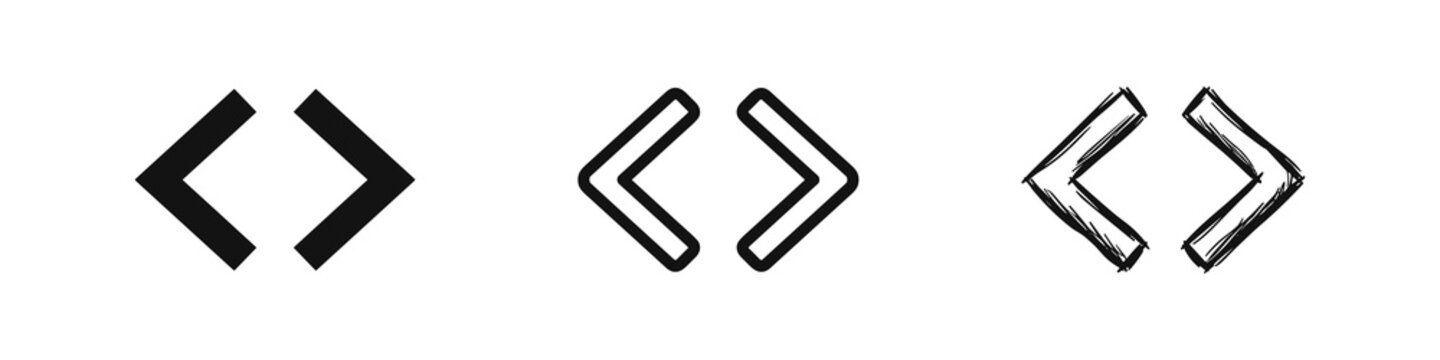 Programming Bracket Icon Set, Coding Symbol in Solid Outline and Hand Drawn Styles