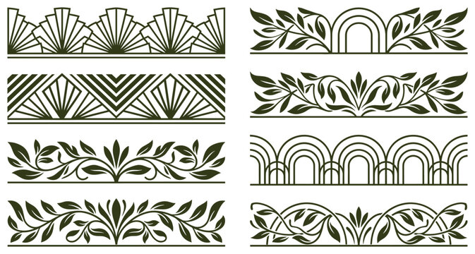 Vintage art deco border patterns and botanical frieze designs for decorative architecture.
