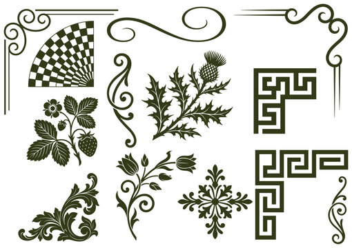 Vintage decorative elements floral ornaments corner designs.