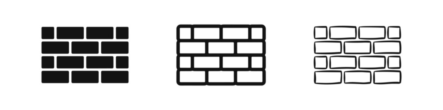 Brick Wall Icon Set, Construction and Masonry Symbol in Solid Outline and Hand Drawn Styles