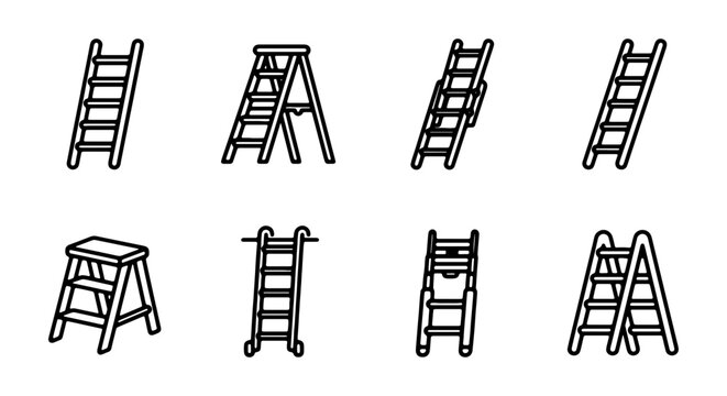 Ladder Icons Set, Step Stool Vector Collection, Climbing Equipment Graphics, Construction Tools
