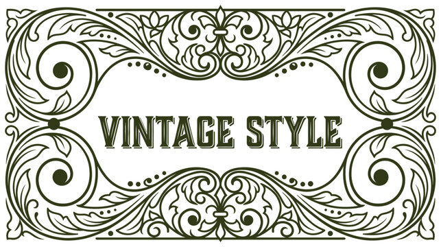 Vintage style label frame with ornate foliage scrolls and antique baroque filigree border.