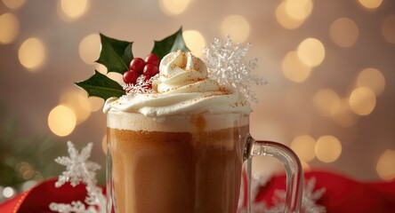 Obraz premium Warm glass cup of gingerbread latte topped with whipped cream and festive decorations against soft bokeh light background