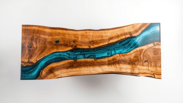Top perspective of a live edge elm burl slab table with a bold epoxy resin river set on a white plane