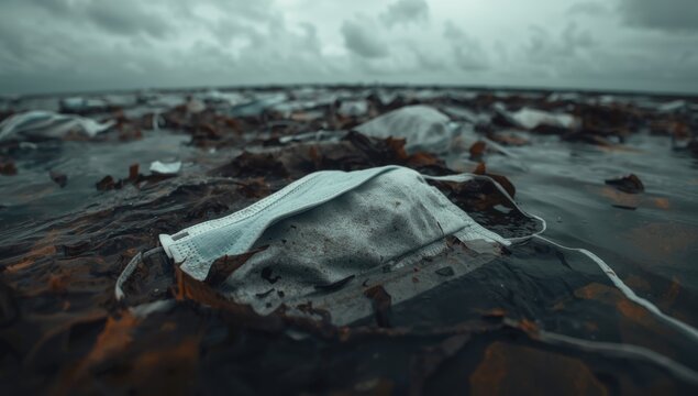 Ocean pollution illustrated by aimless movement of thrown away face masks