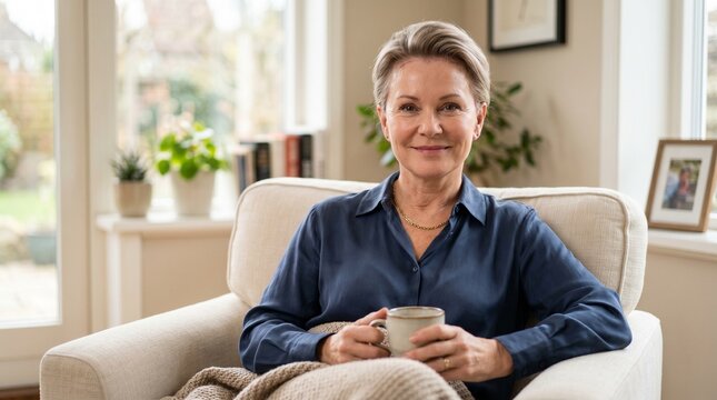 Smiling mature woman with short blonde hair sitting comfortably in an armchair holding a mug