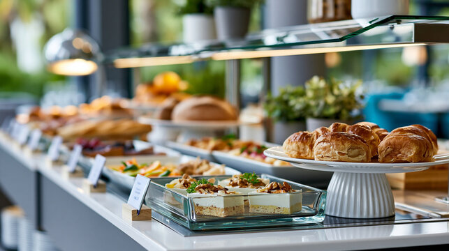 Luxury hotel breakfast buffet interior with a wide variety of gourmet dishes in elegant glass displays, contemporary design and warm lighting concept, defocused garden view, with