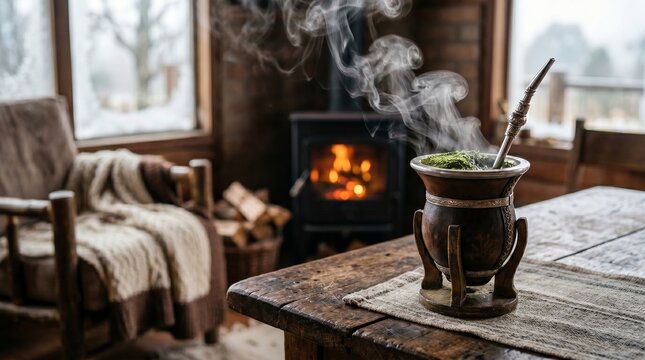 Cozy winter scene with steaming mate drink by fireplace and armchair