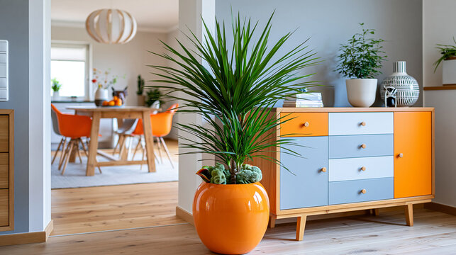 Entrance hall of a house with an orange wooden sideboard with polychrome drawers leading to an open dining room with a wooden table, interior design concept, defocused, with copy