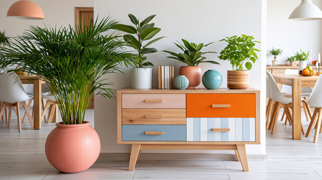 Entrance hall of a house with an orange wooden sideboard with polychrome drawers leading to an open dining room with a wooden table, interior design concept, defocused, with copy