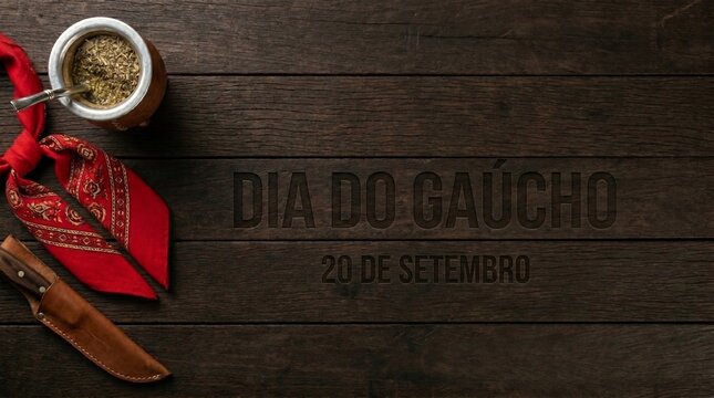 Gaucho Day September 20 Celebration with Traditional Chimarr&atilde;o Scarf and Knife on Rustic Wooden Background. "Dia do Ga&uacute;cho"