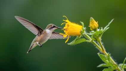 Fototapeta premium Hummingbird sipping nectar from a bright yellow flower