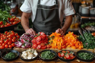 Obraz premium Chef arranging fresh ingredients for a colorful meal kit service