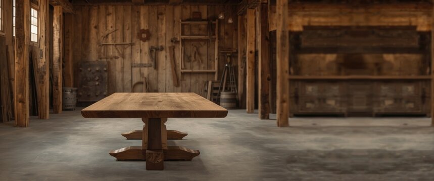Wooden table in a rustic barn interior