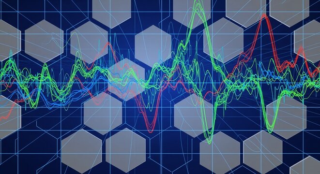 Abstract digital graph with colorful lines and hexagonal grid overlay on a dark blue background