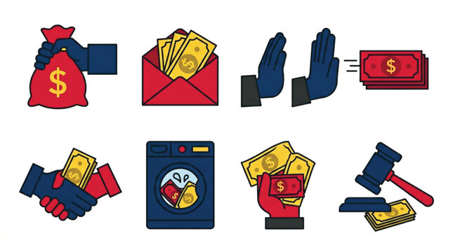 Anti corruption flat vector icons collection for corporate bribery compliance financial fraud and illegal money envelope tracking