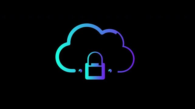 Neon gradient cloud security padlock line art drawing animation on black background. Glowing blue and purple outline write on reveal