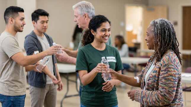 Compassionate blurred diverse volunteers handing out generic unbranded water bottles to selfless blood donors at a community health event, illustrating kindness, charity, and social support work.