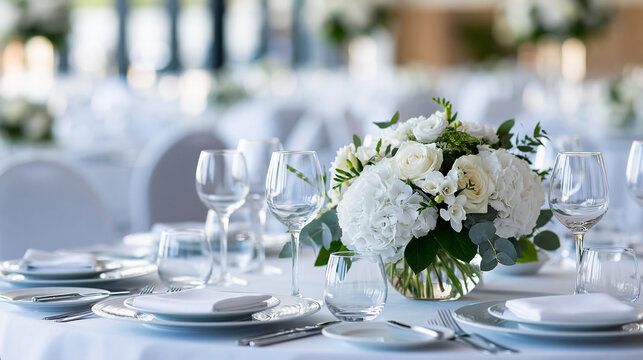 Hotel ballroom set for a gala dinner with round tables, white linens, and elegant floral arrangements, luxury event hospitality concept, defocused, with copy space