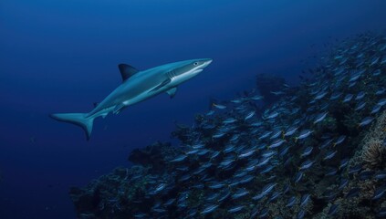 Fototapeta premium Shark swimming among a school of fish in the ocean