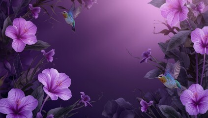 Fototapeta premium Hummingbirds near pink flowers with a purple background