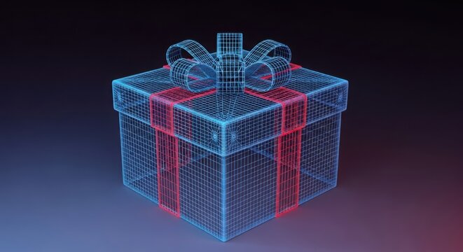 Digital wireframe gift box with a bow for celebration and holidays illustration