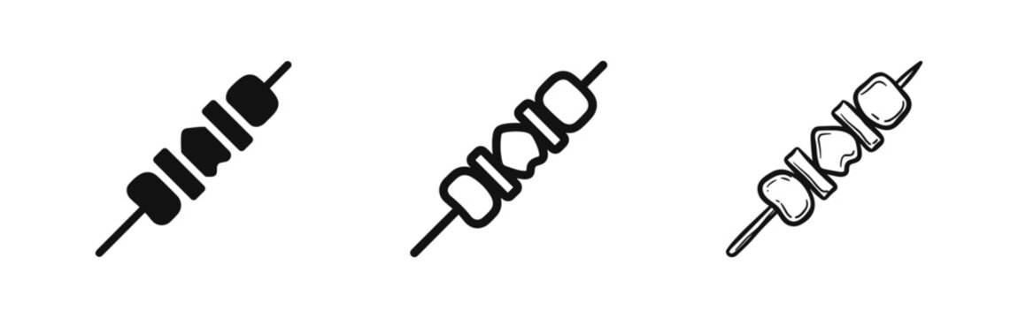 Shish kebab skewer icons. Grilled meat and vegetables on a stick in solid, outline, and doodle styles.
