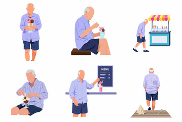 Fototapeta premium Flat vector illustration set of a senior man enjoying ice cream sundaes and visiting an ice cream cart