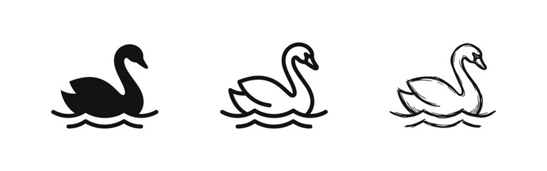 Elegant swimming swan icon set in three artistic styles © drawing lines