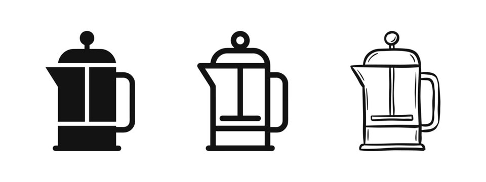 French press coffee maker icon set. Ideal for coffee, tea, and hot beverage themes.